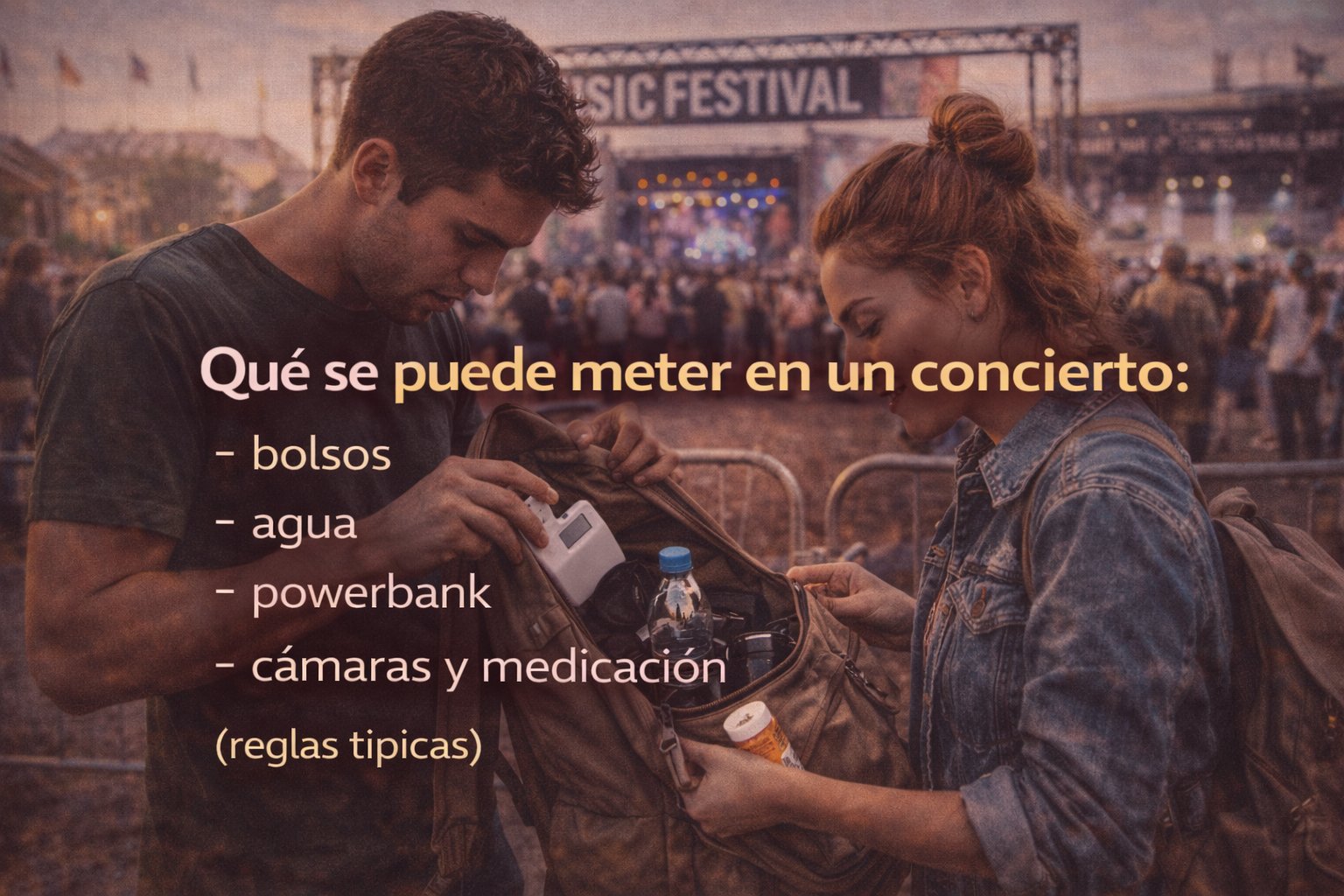 Qué se puede meter en un concierto (bolsos, agua, powerbank, cámaras, medicación) + reglas típicas según la sala
